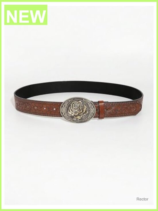 Western Cowgirl Belt Floral Engraved Metal Oval Buckle PU Leather main image 4
